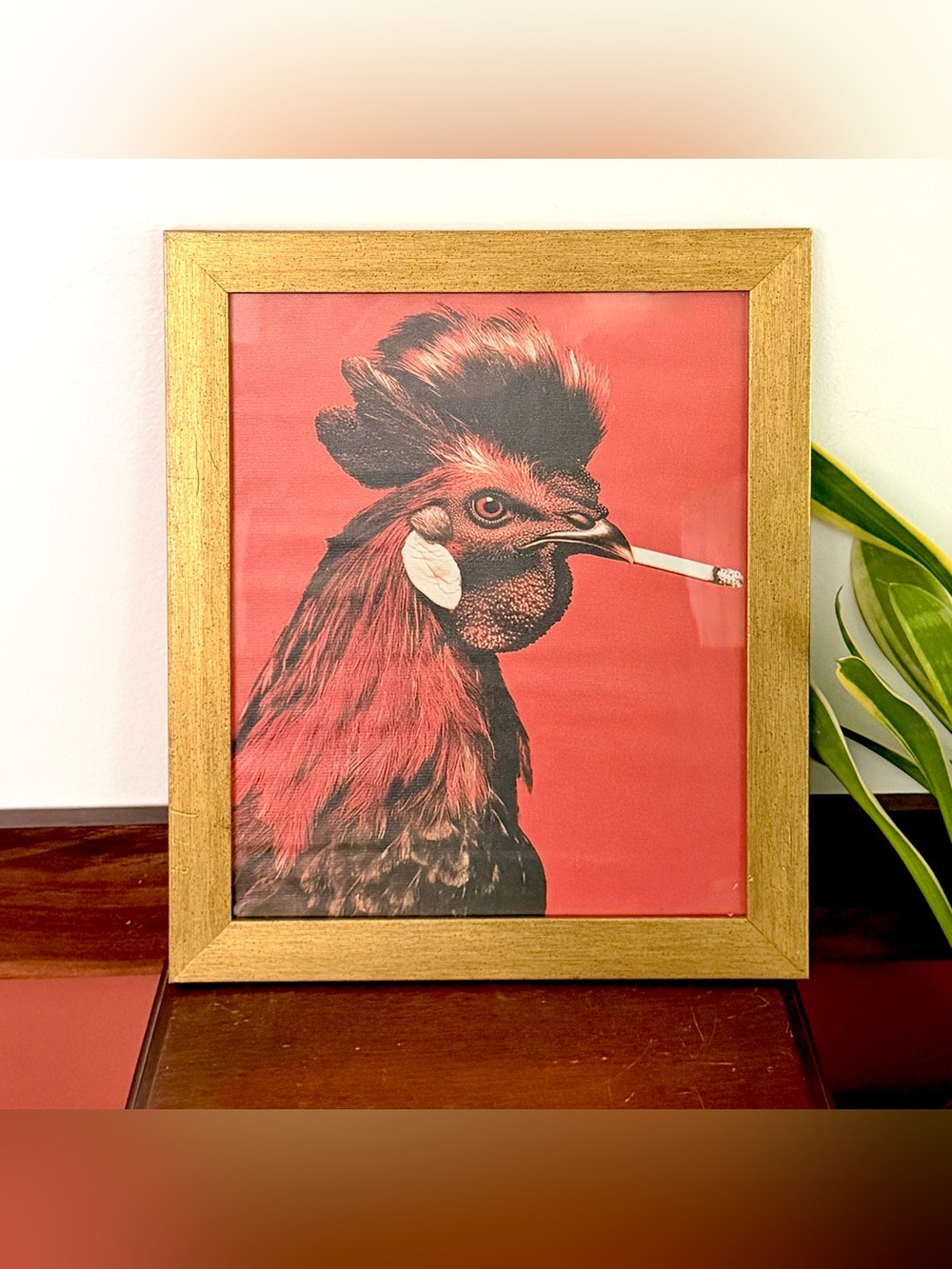 Rooster Smoking a Cigarette Chicken Vintage Style Canvas Art Print Gold Framed